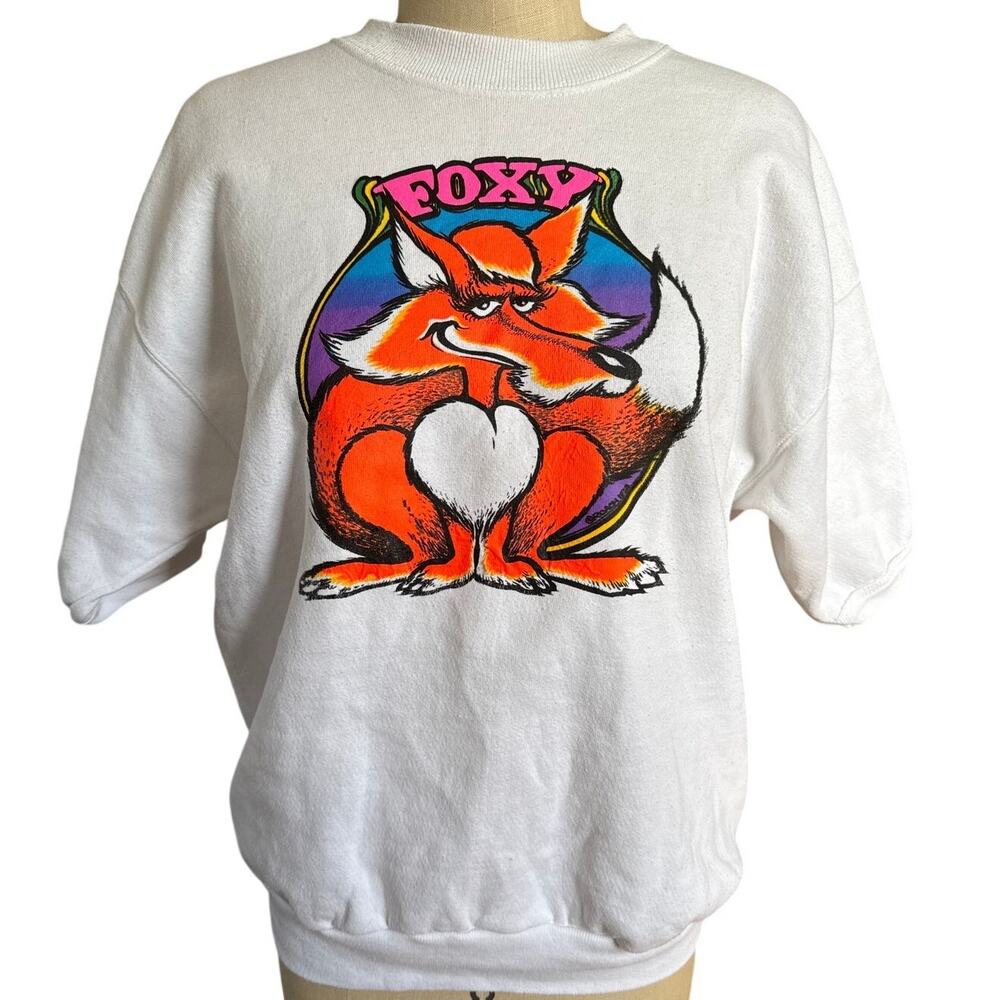 Vintage 80s Sexy Fox Neon Graphic Short Sleeve Sweatshirt Size XL X-Large